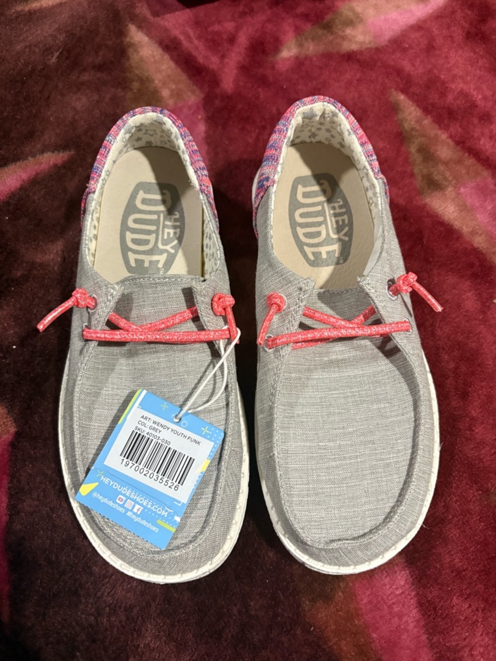 Hey Dude Grey Canvas Slip-Ons with Coral Laces and Pink Trim